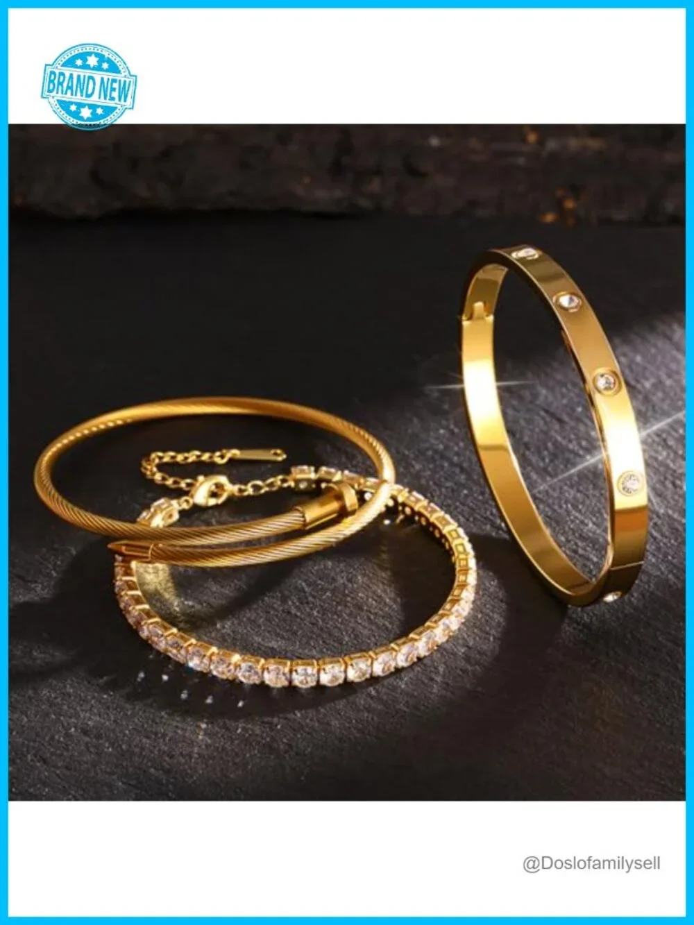 3Pack 18K Gold Plated Bangle Bracelet Stack Set Non Tarnish Stainless Steel
